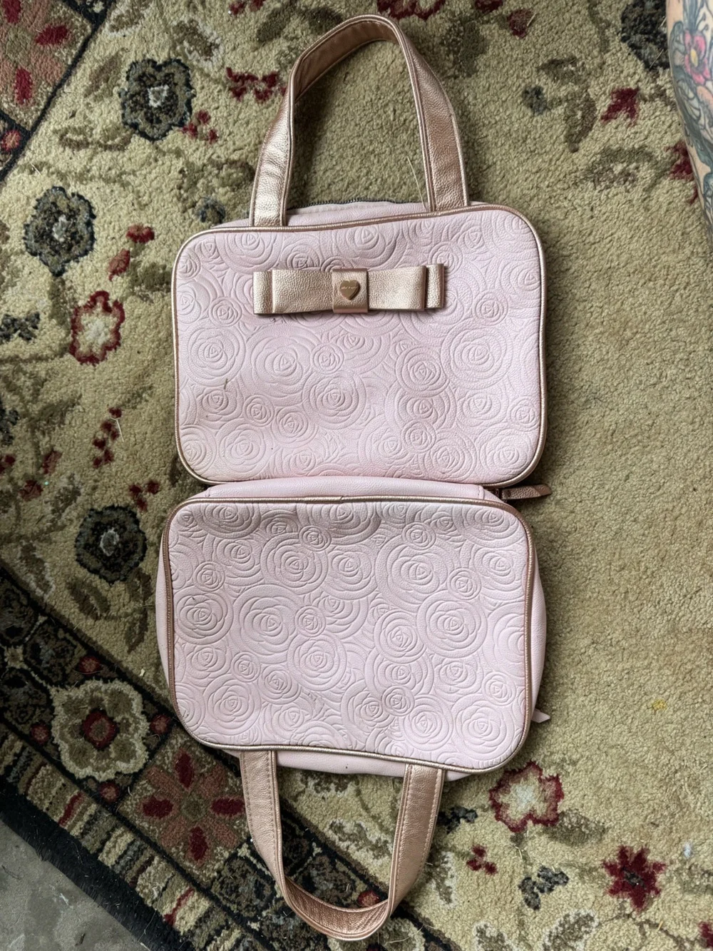 Betsey Johnson Pink Rose Gold Floral Bow Travel Cosmetic Bag